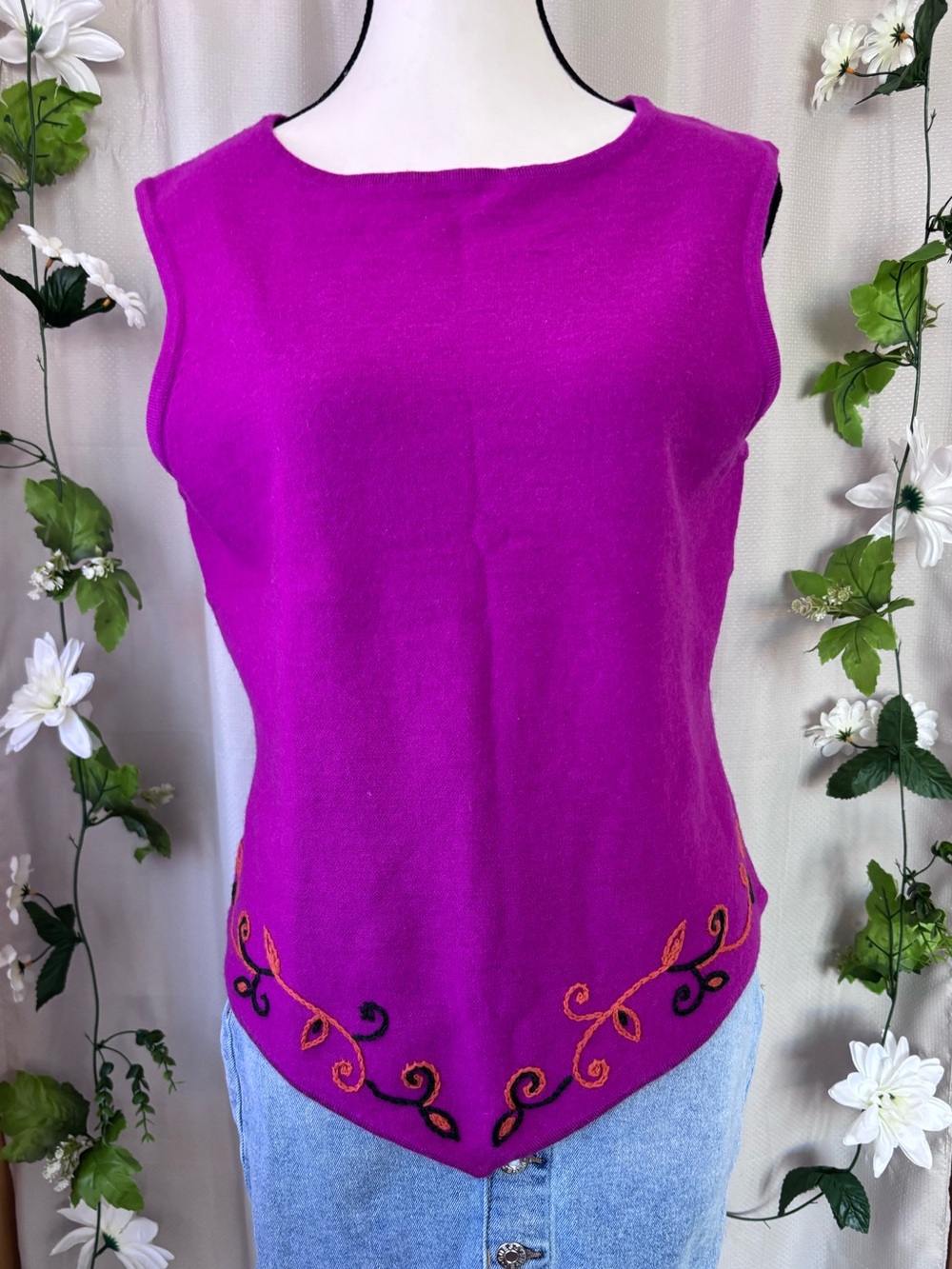 Vintage Magenta Bandana Style Sleeveless Embroidered Tank- Small- 100% Wool